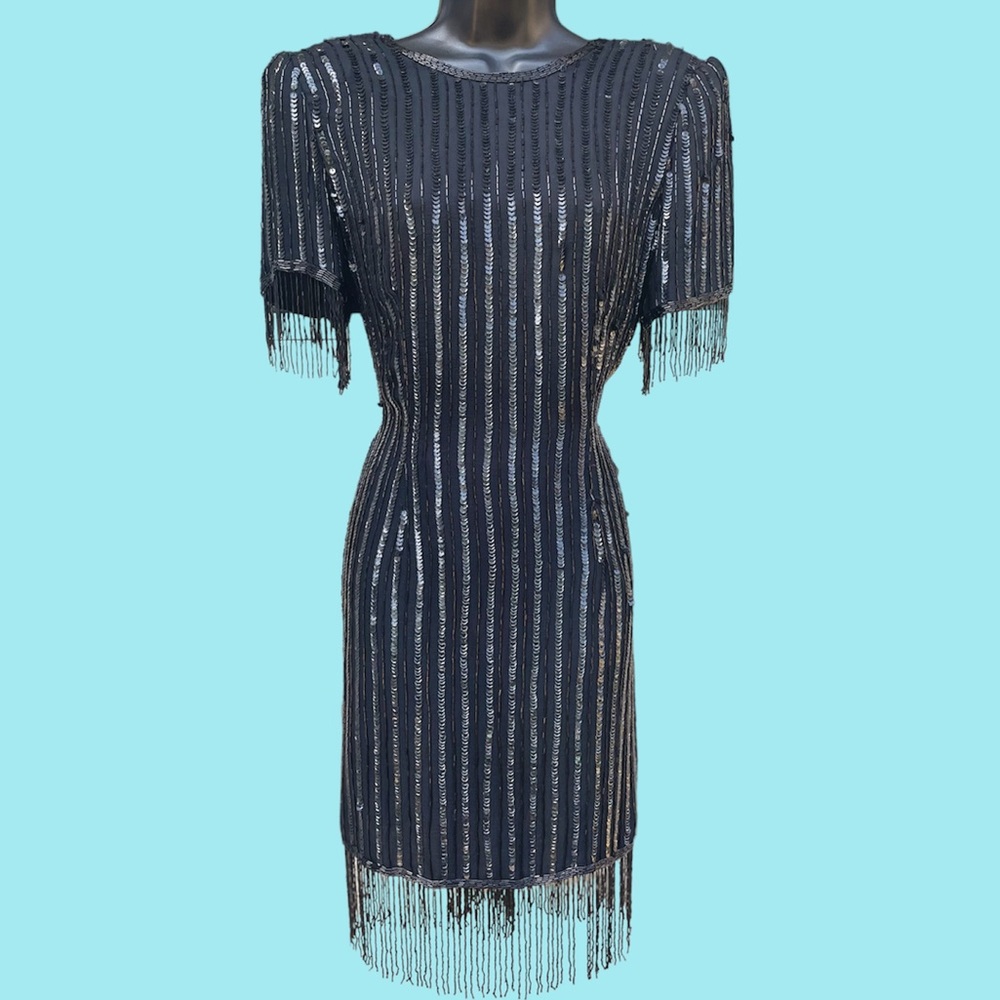 VTG stenay silk beaded flapper evening gown gothic black tailored medium 12 8